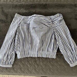 Blue + White Stripe Off-Shoulder Top with Folded Front Detail - Size XS